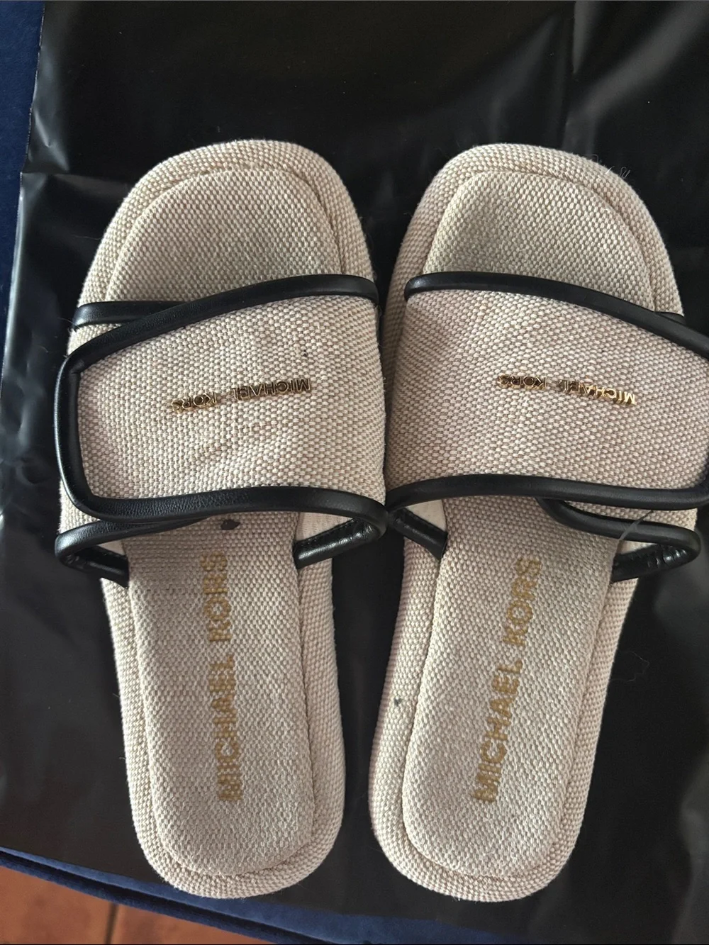 Michael Kors Cream Fabric Slide Sandals with Black Trim